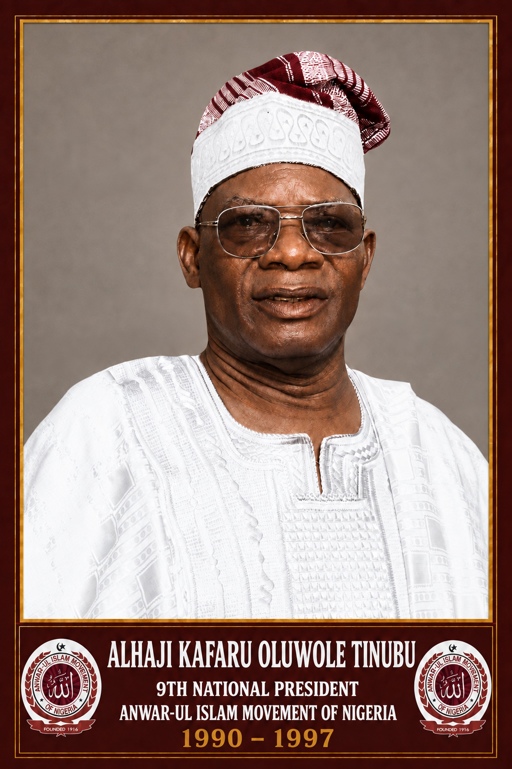 Framed portrait of Alhaji Kafaru Oluwole Tinubu, 1990–1997